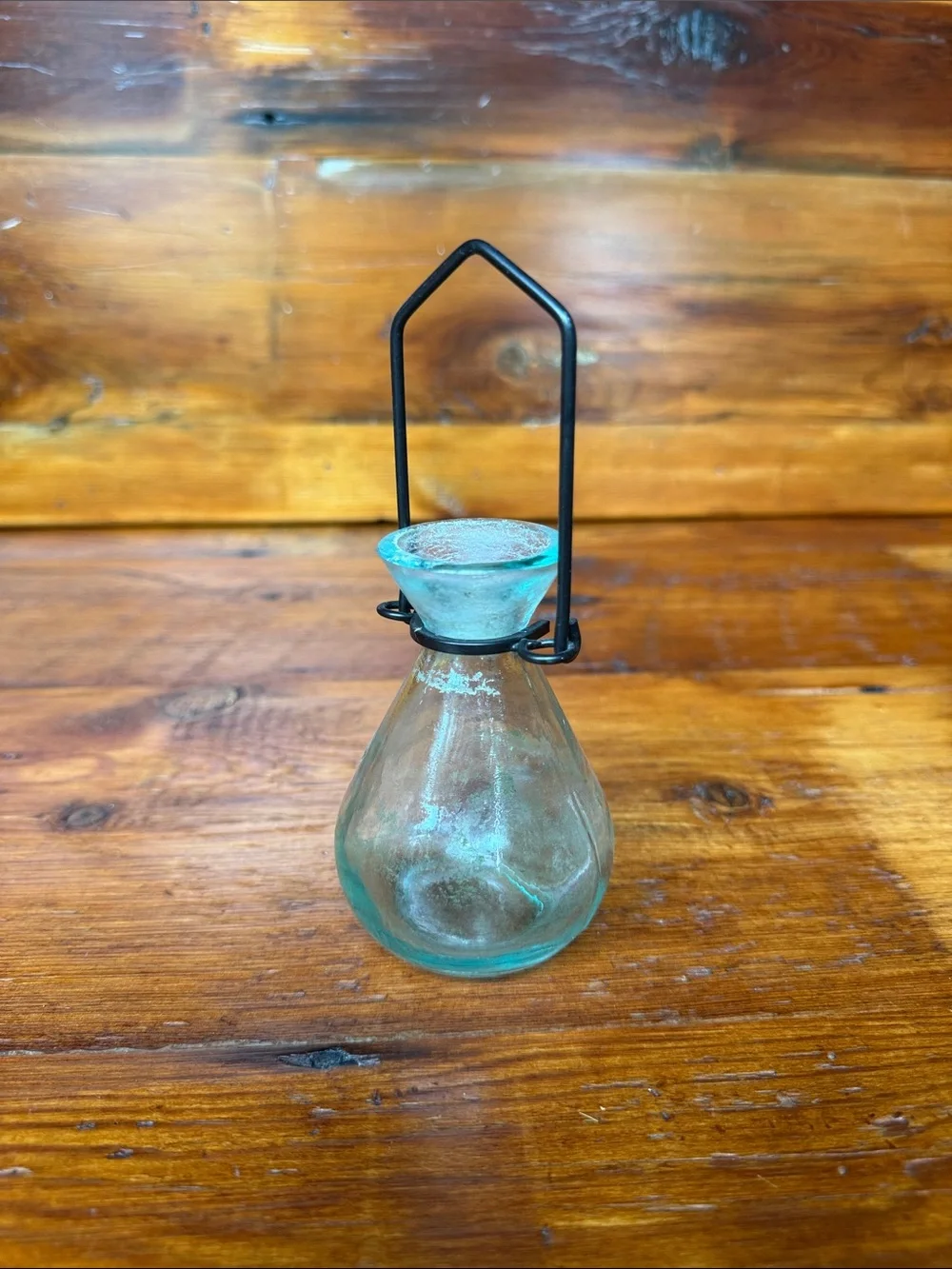 Aqua Clear Glass Hanging Bottle Budding Vase with Metal hanger